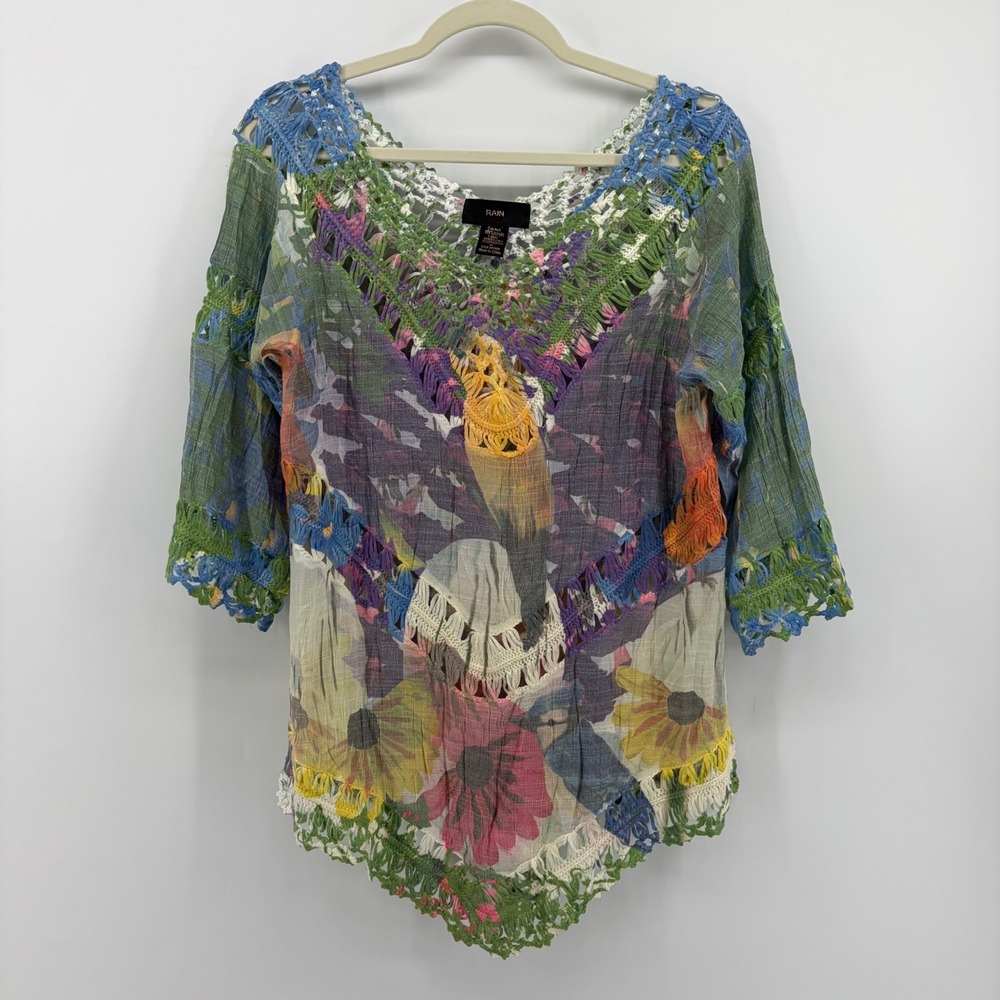 Rain Womens Medium Multicolor Tunic Top Crochet Boho Floral 3/4 Sleeve V-Neck